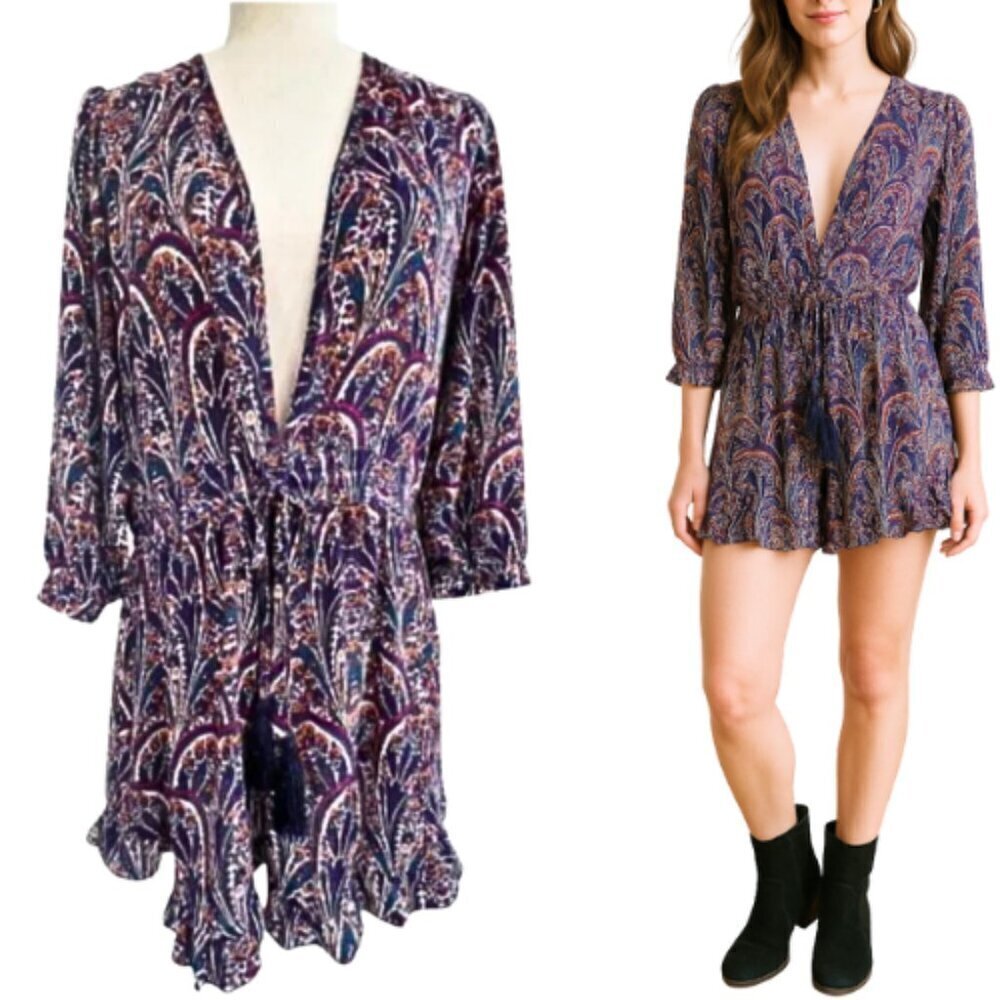 OLIVACEOUS Paisley Tassel Drawstring Dress with Ruffle Hem Size M